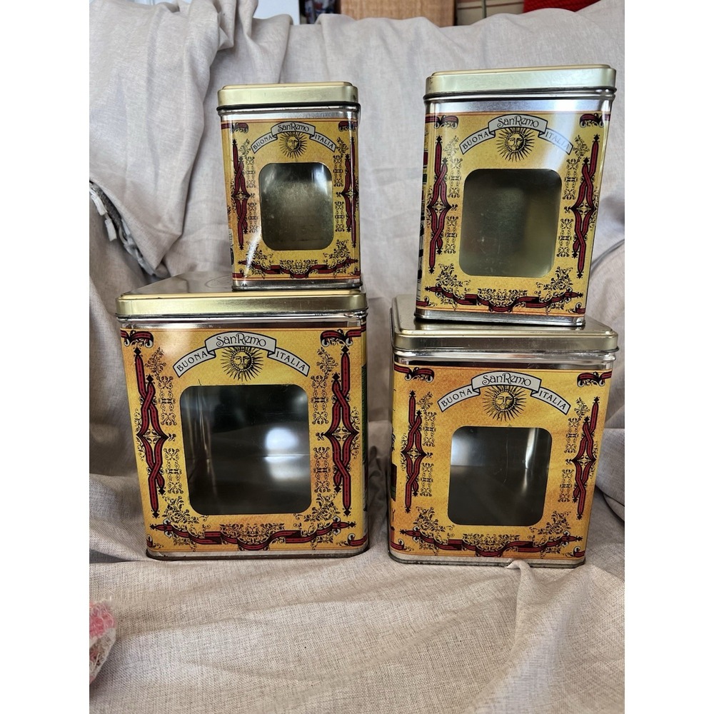 Set Vintage San Remo Tins Kitchen Canister Set with Plastic‎ Window by Himark.